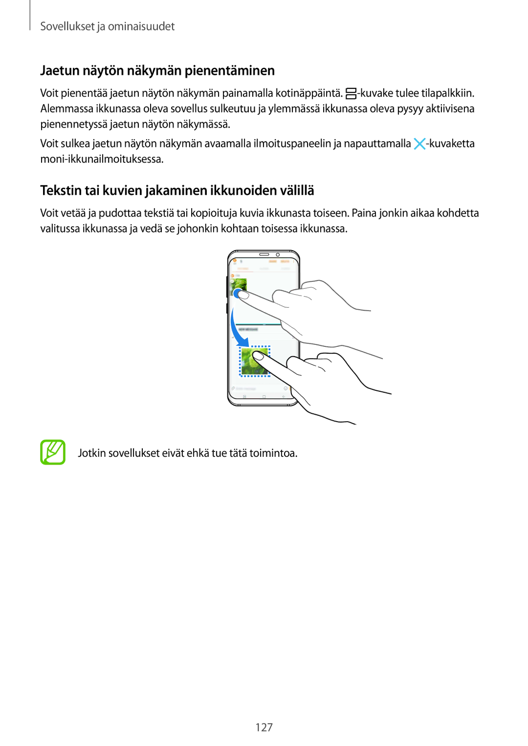 Samsung SM-G950FZKANEE manual Jaetun näytön näkymän pienentäminen, Tekstin tai kuvien jakaminen ikkunoiden välillä 