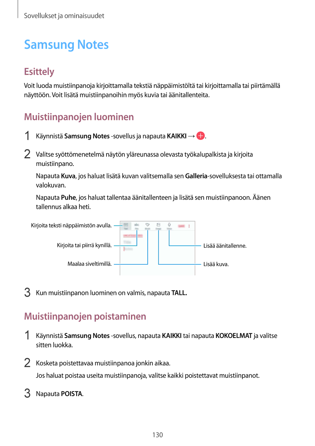 Samsung SM-G955FZIANEE, SM-G955FZKANEE, SM-G955FZSANEE Samsung Notes, Muistiinpanojen luominen, Muistiinpanojen poistaminen 