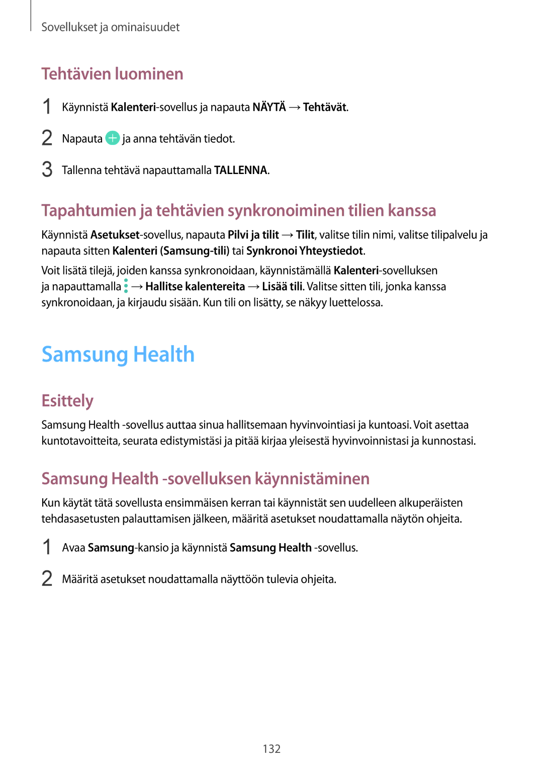 Samsung SM-G955FZSANEE manual Samsung Health, Tehtävien luominen, Tapahtumien ja tehtävien synkronoiminen tilien kanssa 