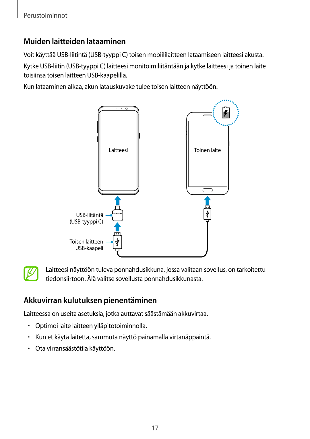 Samsung SM-G950FZKANEE, SM-G955FZIANEE, SM-G955FZKANEE Muiden laitteiden lataaminen, Akkuvirran kulutuksen pienentäminen 