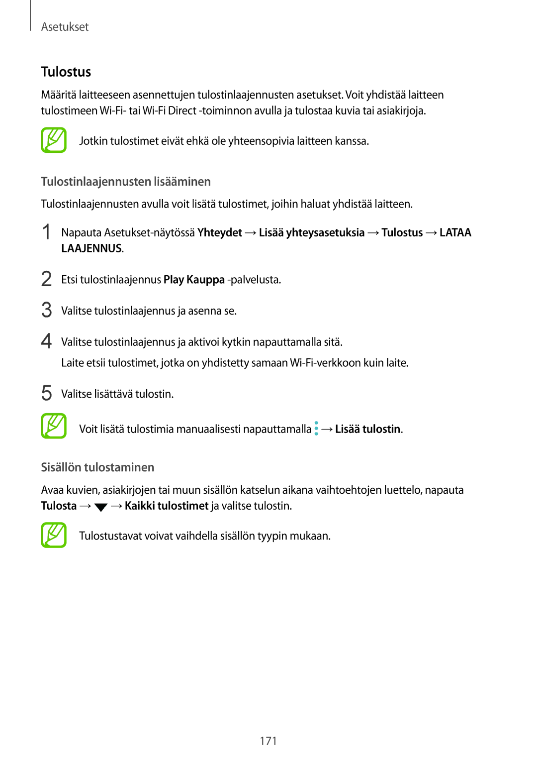 Samsung SM-G955FZKANEE, SM-G955FZIANEE, SM-G955FZSANEE Tulostus, Tulostinlaajennusten lisääminen, Sisällön tulostaminen 