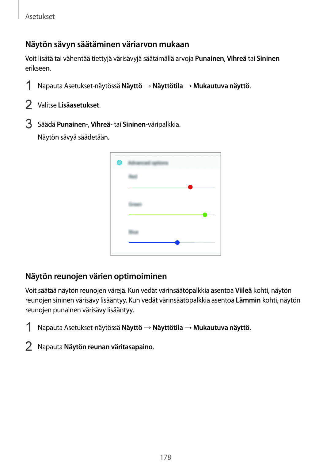 Samsung SM-G950FZSANEE, SM-G955FZIANEE manual Näytön sävyn säätäminen väriarvon mukaan, Näytön reunojen värien optimoiminen 