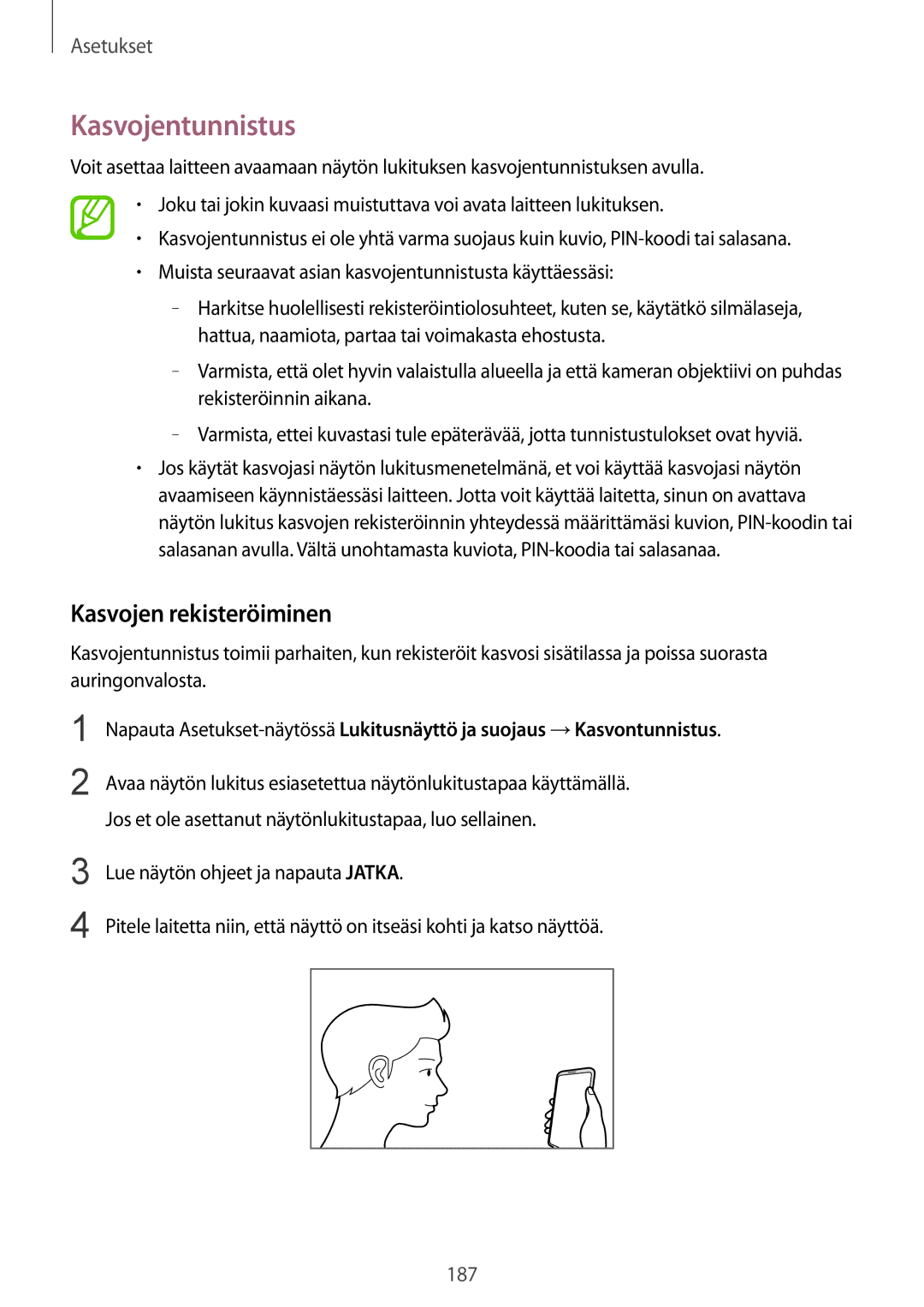 Samsung SM-G950FZKANEE, SM-G955FZIANEE, SM-G955FZKANEE, SM-G955FZSANEE manual Kasvojentunnistus, Kasvojen rekisteröiminen 