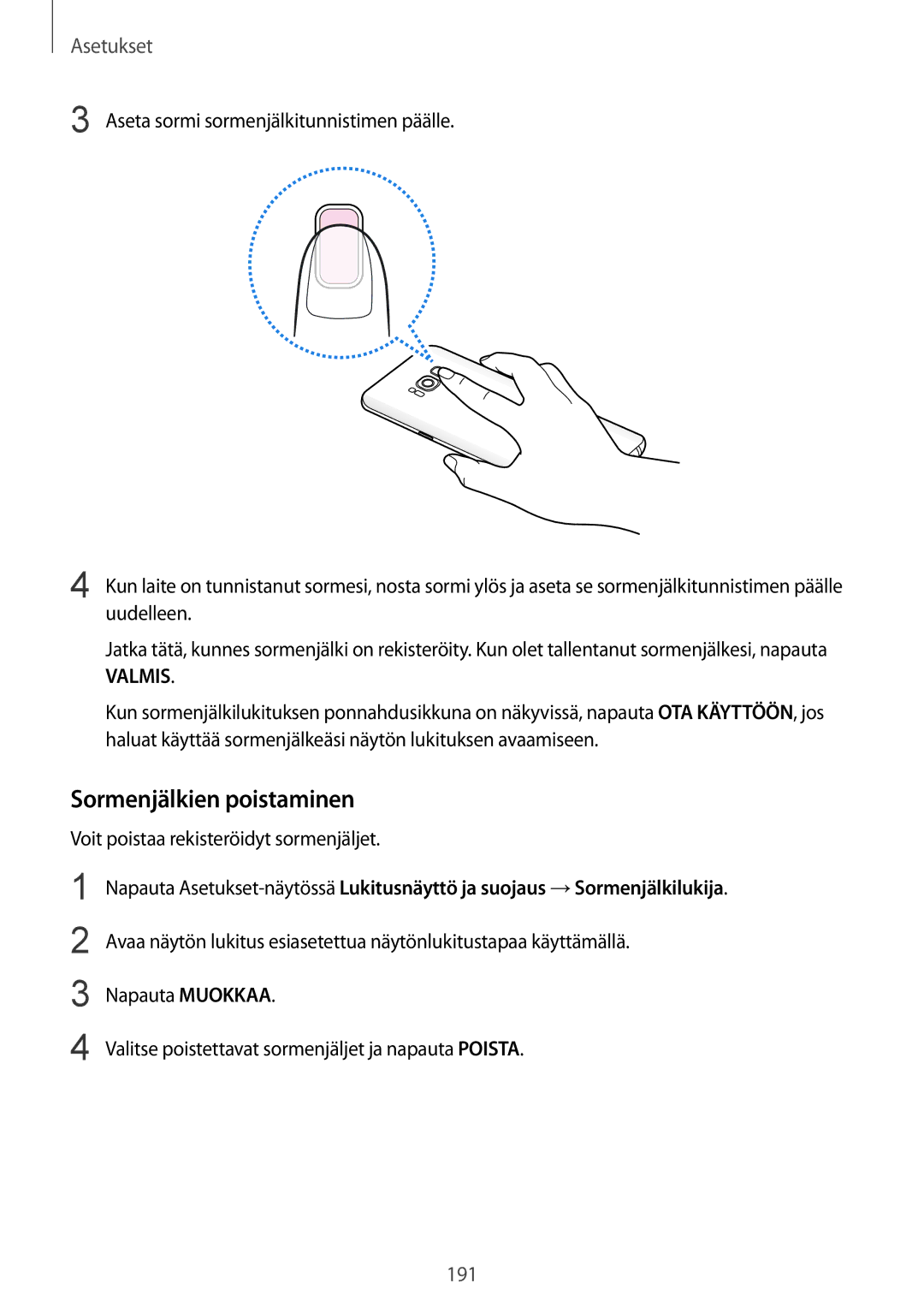 Samsung SM-G955FZKANEE, SM-G955FZIANEE, SM-G955FZSANEE Sormenjälkien poistaminen, Voit poistaa rekisteröidyt sormenjäljet 