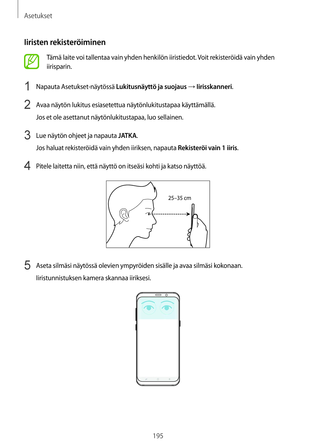 Samsung SM-G950FZIANEE, SM-G955FZIANEE, SM-G955FZKANEE, SM-G955FZSANEE, SM-G955FZVDNEE manual Iiristen rekisteröiminen 