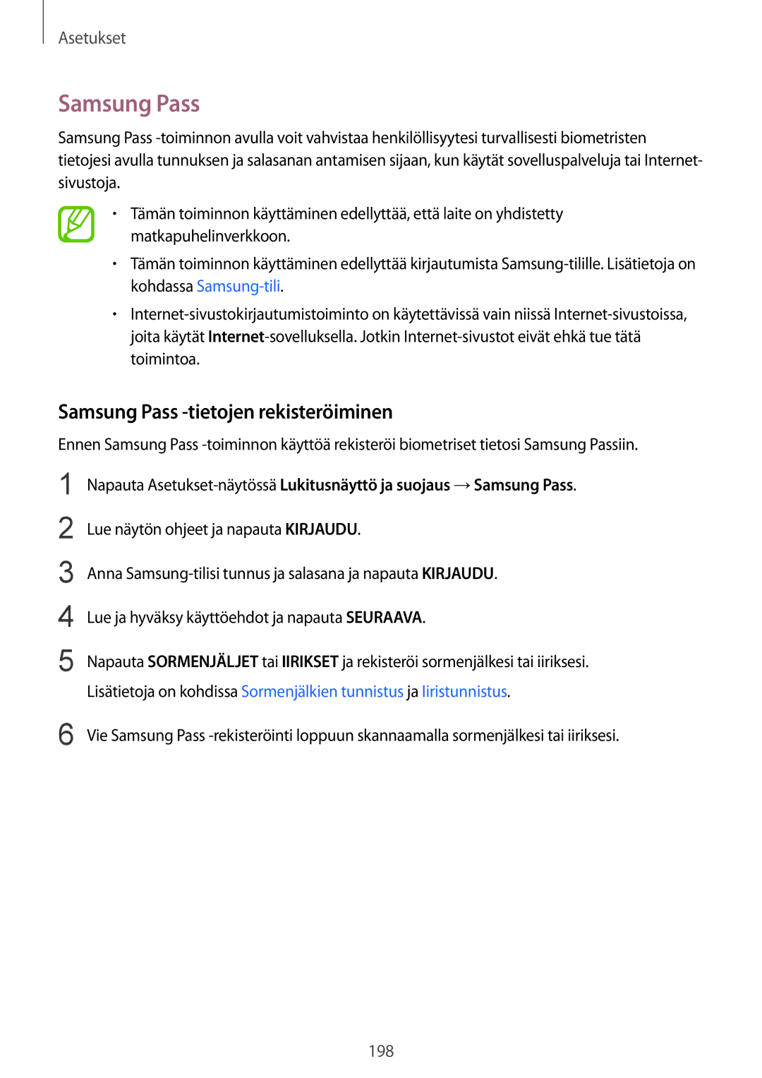 Samsung SM-G950FZSANEE, SM-G955FZIANEE, SM-G955FZKANEE, SM-G955FZSANEE manual Samsung Pass -tietojen rekisteröiminen 