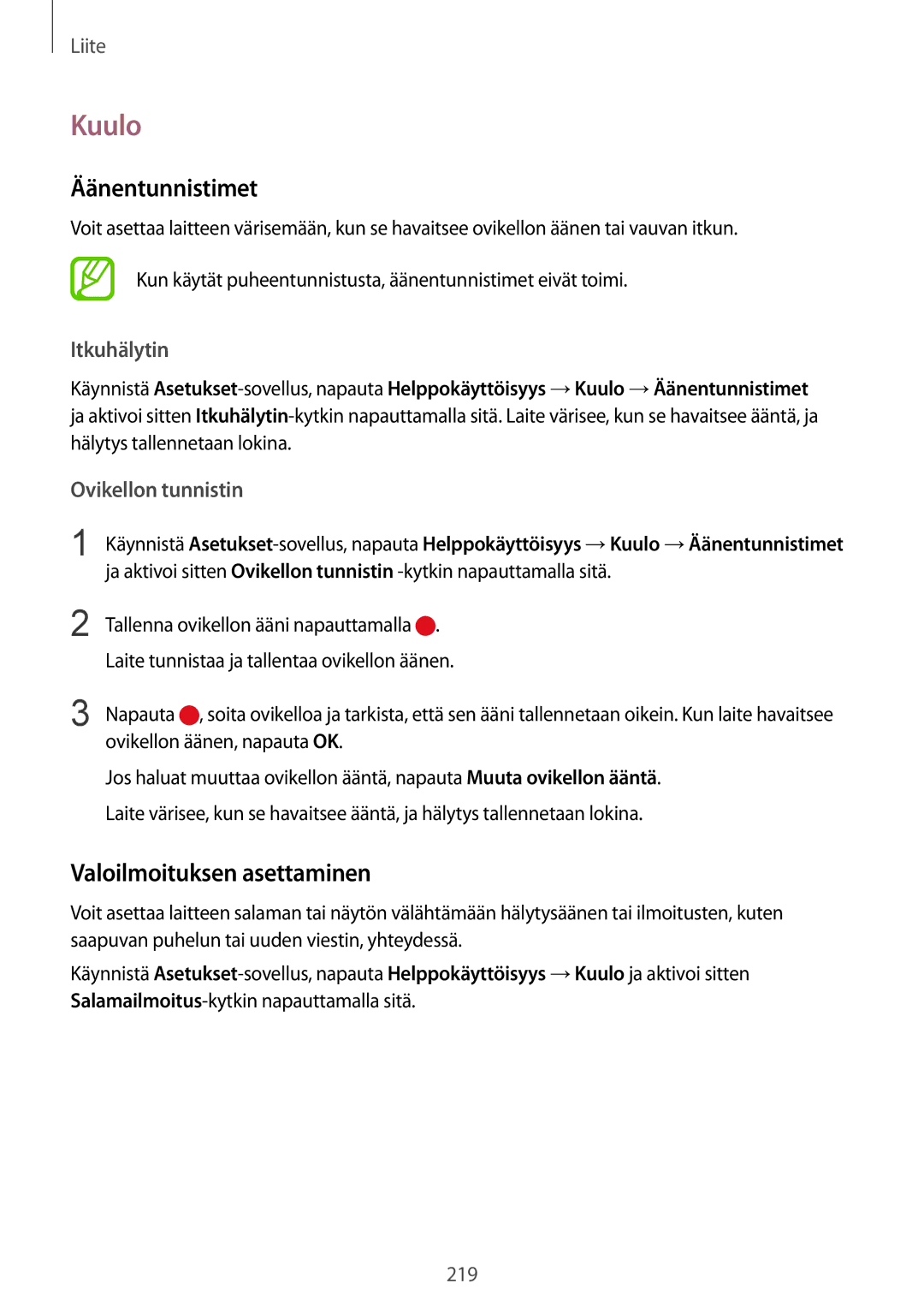 Samsung SM-G955FZKDNEE manual Kuulo, Äänentunnistimet, Valoilmoituksen asettaminen, Itkuhälytin, Ovikellon tunnistin 