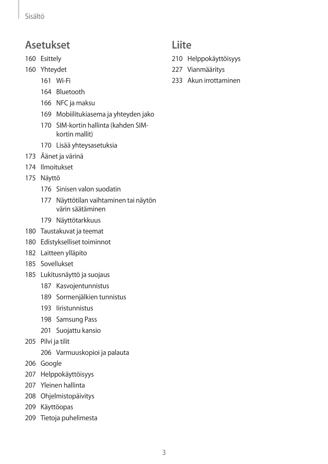 Samsung SM-G955FZVDNEE, SM-G955FZIANEE, SM-G955FZKANEE, SM-G955FZSANEE Esittely 210, Yhteydet 227 Vianmääritys Wi-Fi 233 