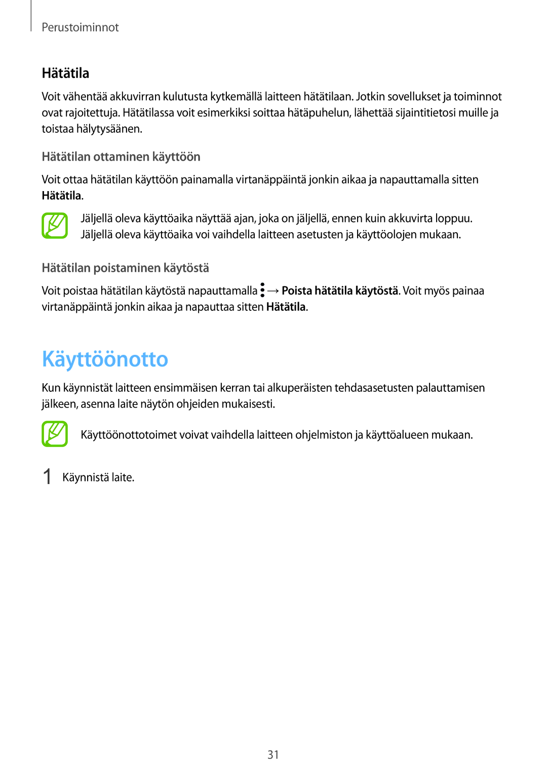 Samsung SM-G955FZKANEE, SM-G955FZIANEE manual Käyttöönotto, Hätätilan ottaminen käyttöön, Hätätilan poistaminen käytöstä 