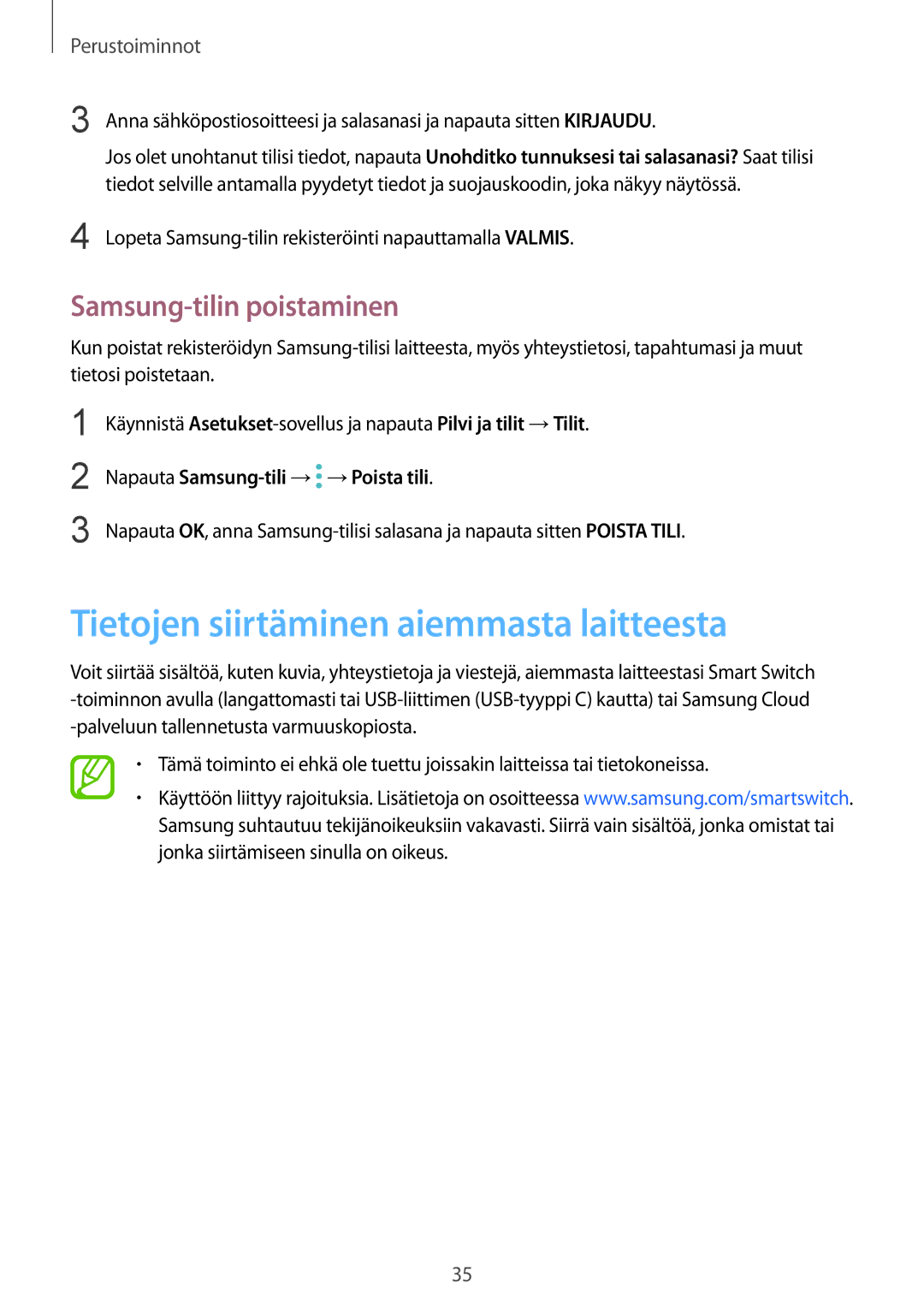 Samsung SM-G950FZIANEE, SM-G955FZIANEE, SM-G955FZKANEE Tietojen siirtäminen aiemmasta laitteesta, Samsung-tilin poistaminen 