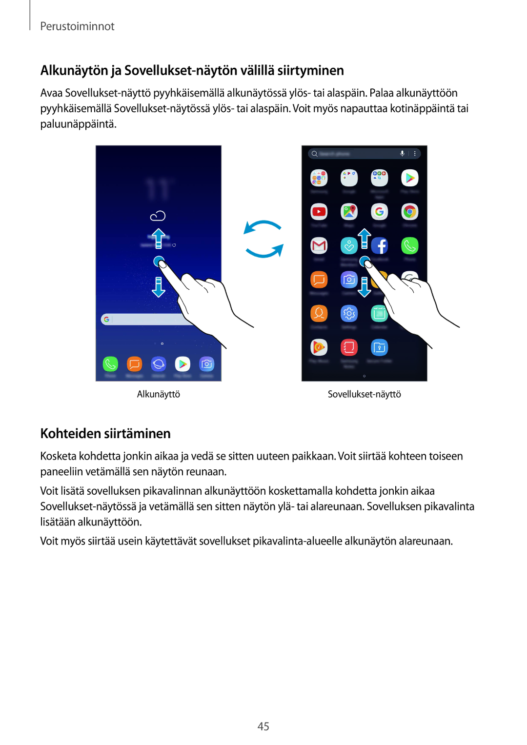 Samsung SM-G950FZIANEE, SM-G955FZIANEE manual Alkunäytön ja Sovellukset-näytön välillä siirtyminen, Kohteiden siirtäminen 