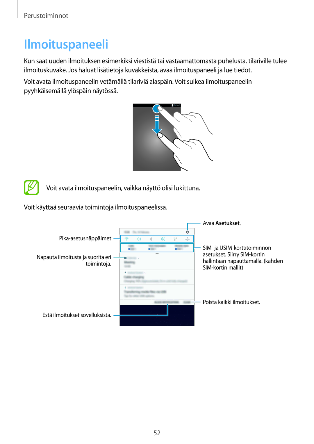 Samsung SM-G955FZSANEE, SM-G955FZIANEE manual Ilmoituspaneeli, Voit käyttää seuraavia toimintoja ilmoituspaneelissa 