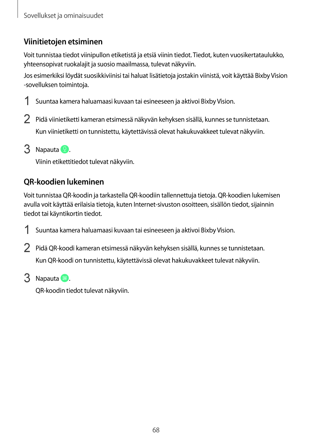 Samsung SM-G950FZSANEE manual Viinitietojen etsiminen, QR-koodien lukeminen, Napauta Viinin etikettitiedot tulevat näkyviin 