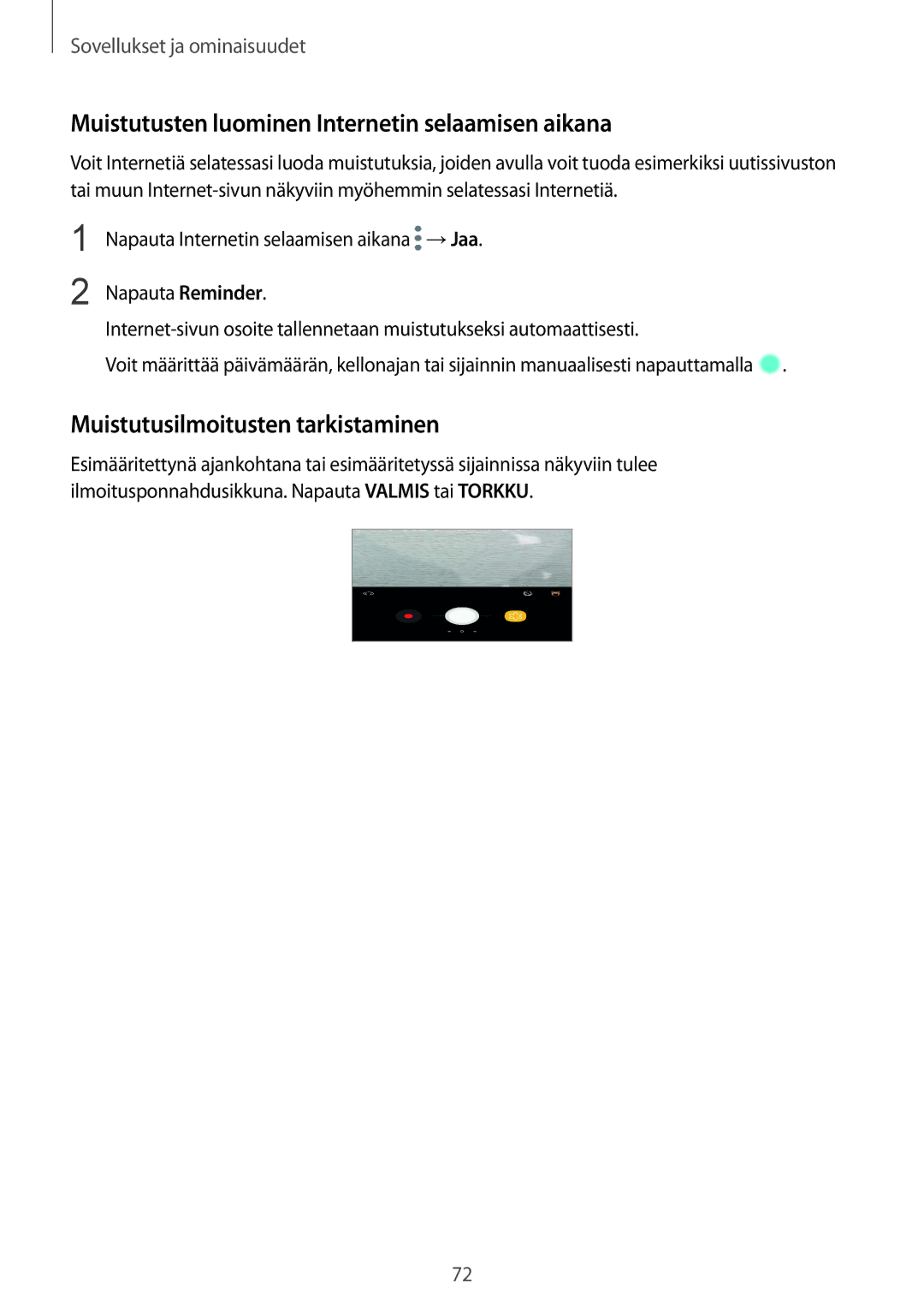 Samsung SM-G955FZSANEE manual Muistutusten luominen Internetin selaamisen aikana, Muistutusilmoitusten tarkistaminen 