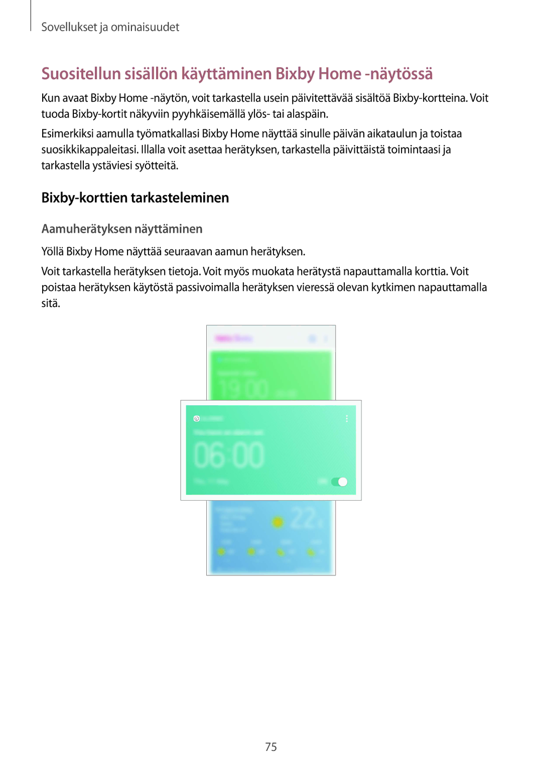 Samsung SM-G950FZIANEE manual Suositellun sisällön käyttäminen Bixby Home -näytössä, Bixby-korttien tarkasteleminen 