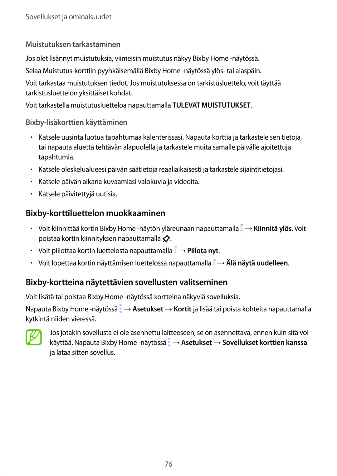 Samsung SM-G955FZVANEE manual Bixby-korttiluettelon muokkaaminen, Bixby-kortteina näytettävien sovellusten valitseminen 