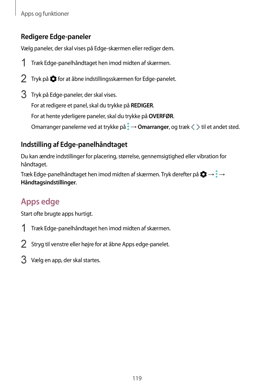 Samsung SM-G955FZKDNEE Apps edge, Redigere Edge-paneler, Indstilling af Edge-panelhåndtaget, Vælg en app, der skal startes 