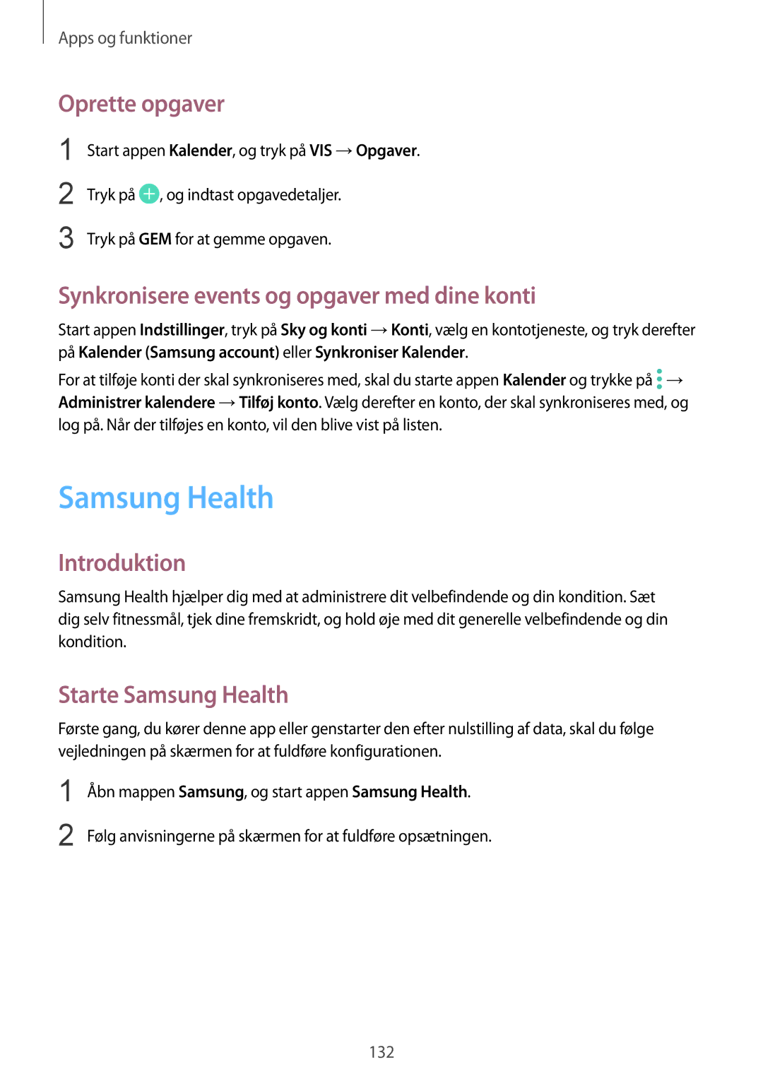 Samsung SM-G955FZSANEE, SM-G955FZIANEE manual Samsung Health, Oprette opgaver, Synkronisere events og opgaver med dine konti 