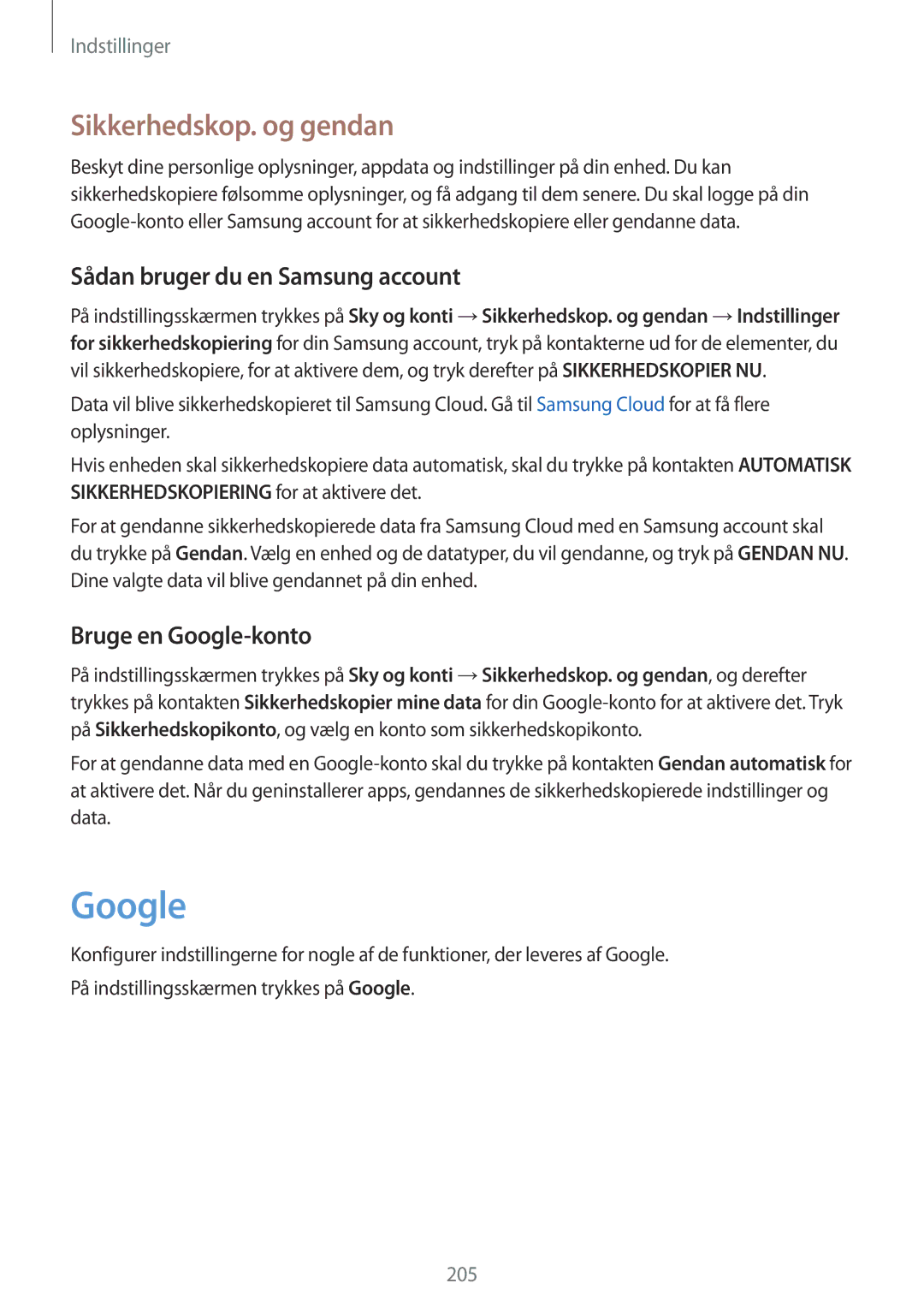 Samsung SM-G950FZIANEE manual Sikkerhedskop. og gendan, Sådan bruger du en Samsung account, Bruge en Google-konto 