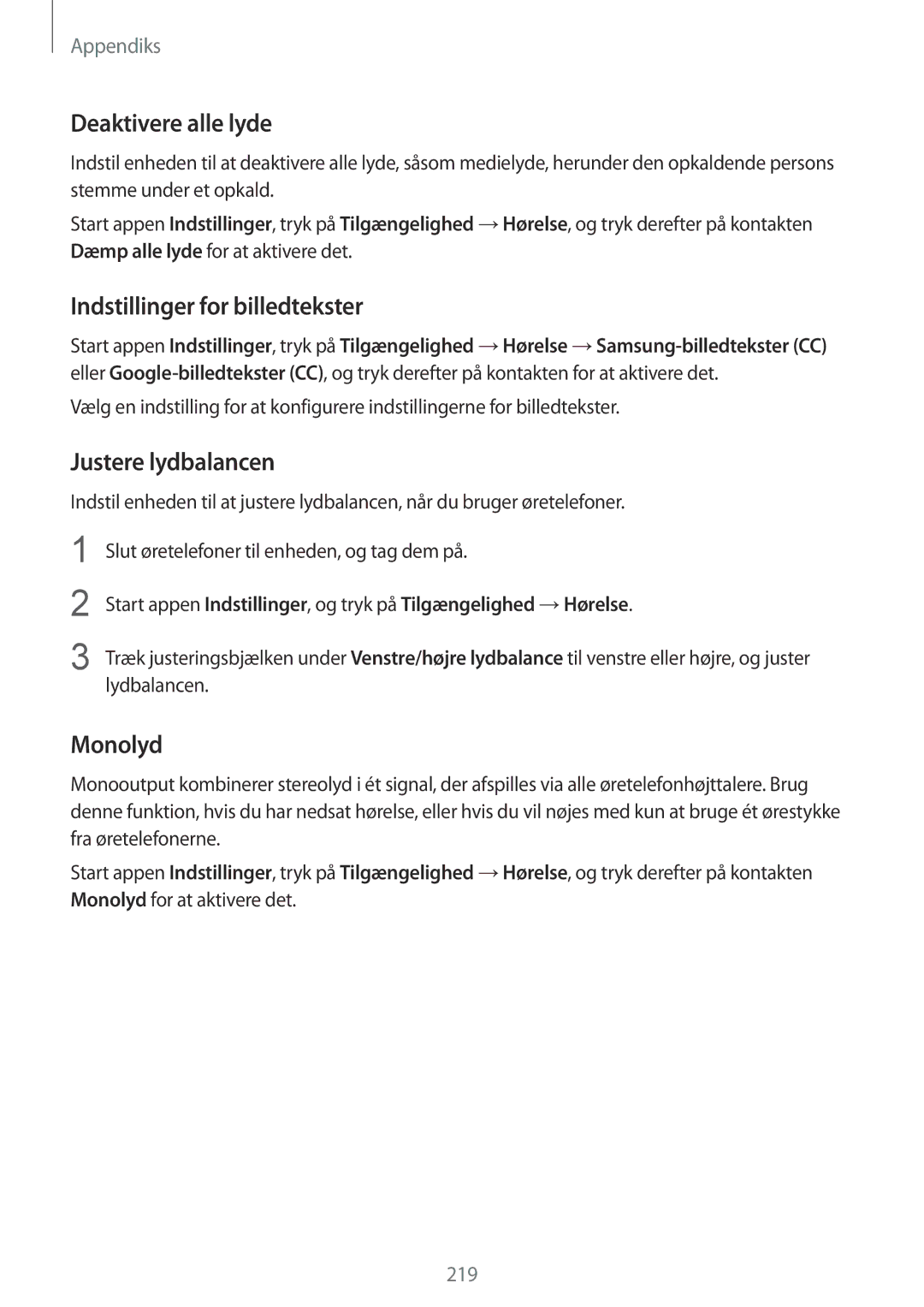 Samsung SM-G955FZKDNEE, SM-G955FZIANEE Deaktivere alle lyde, Indstillinger for billedtekster, Justere lydbalancen, Monolyd 