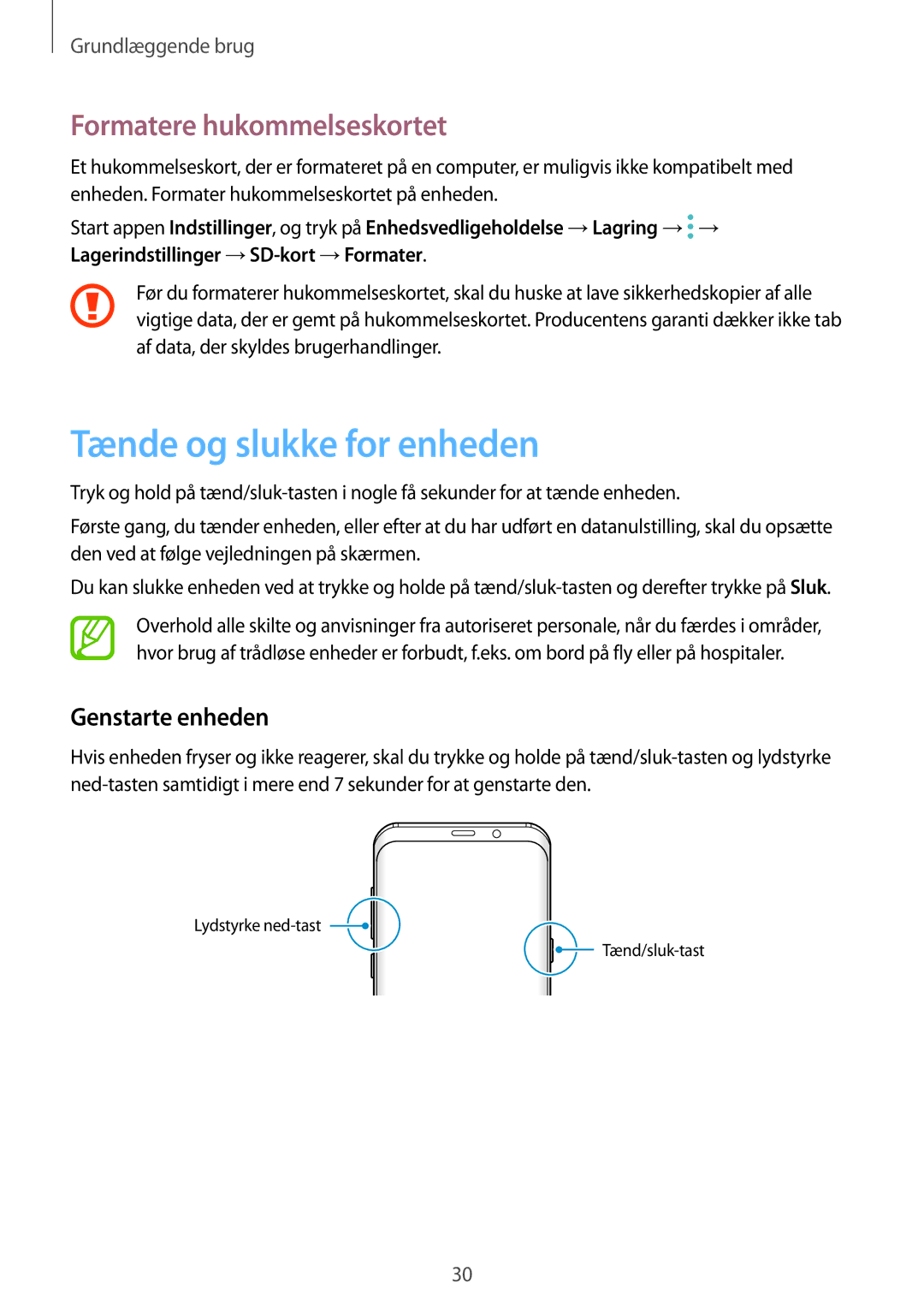 Samsung SM-G955FZIANEE, SM-G955FZKANEE manual Tænde og slukke for enheden, Formatere hukommelseskortet, Genstarte enheden 