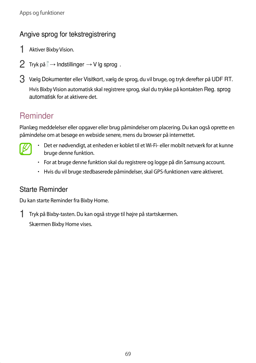 Samsung SM-G955FZKDNEE, SM-G955FZIANEE manual Angive sprog for tekstregistrering, Starte Reminder, Aktiver Bixby Vision 