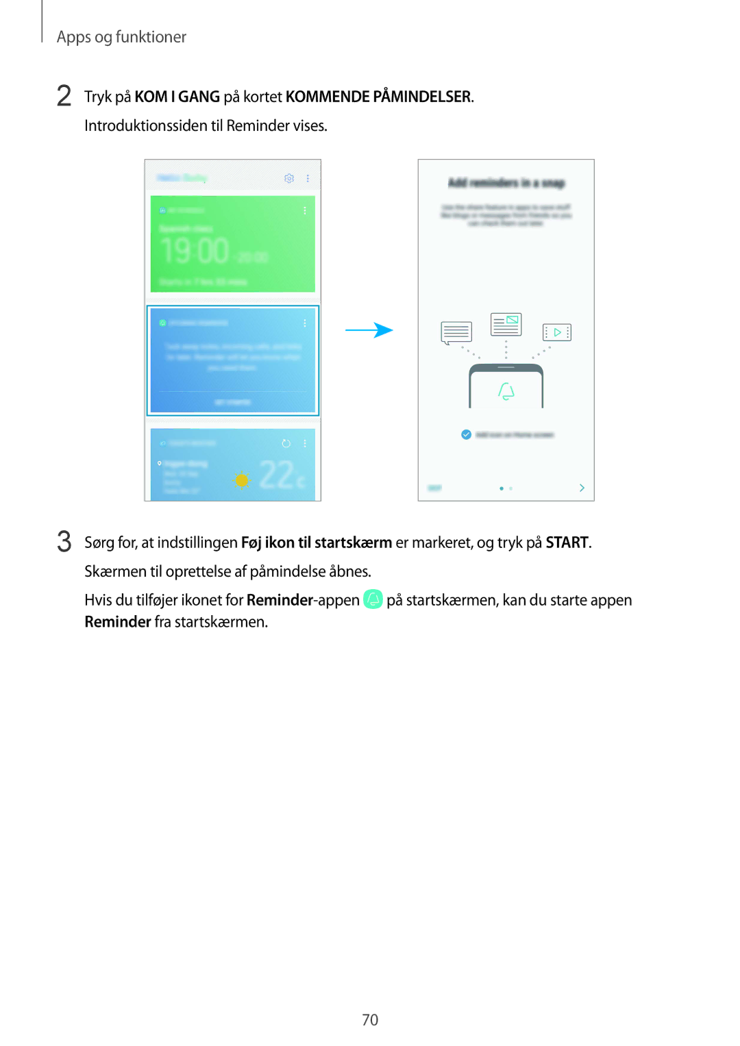 Samsung SM-G955FZIANEE, SM-G955FZKANEE, SM-G955FZSANEE, SM-G955FZVDNEE, SM-G950FZVANEE manual Reminder fra startskærmen 