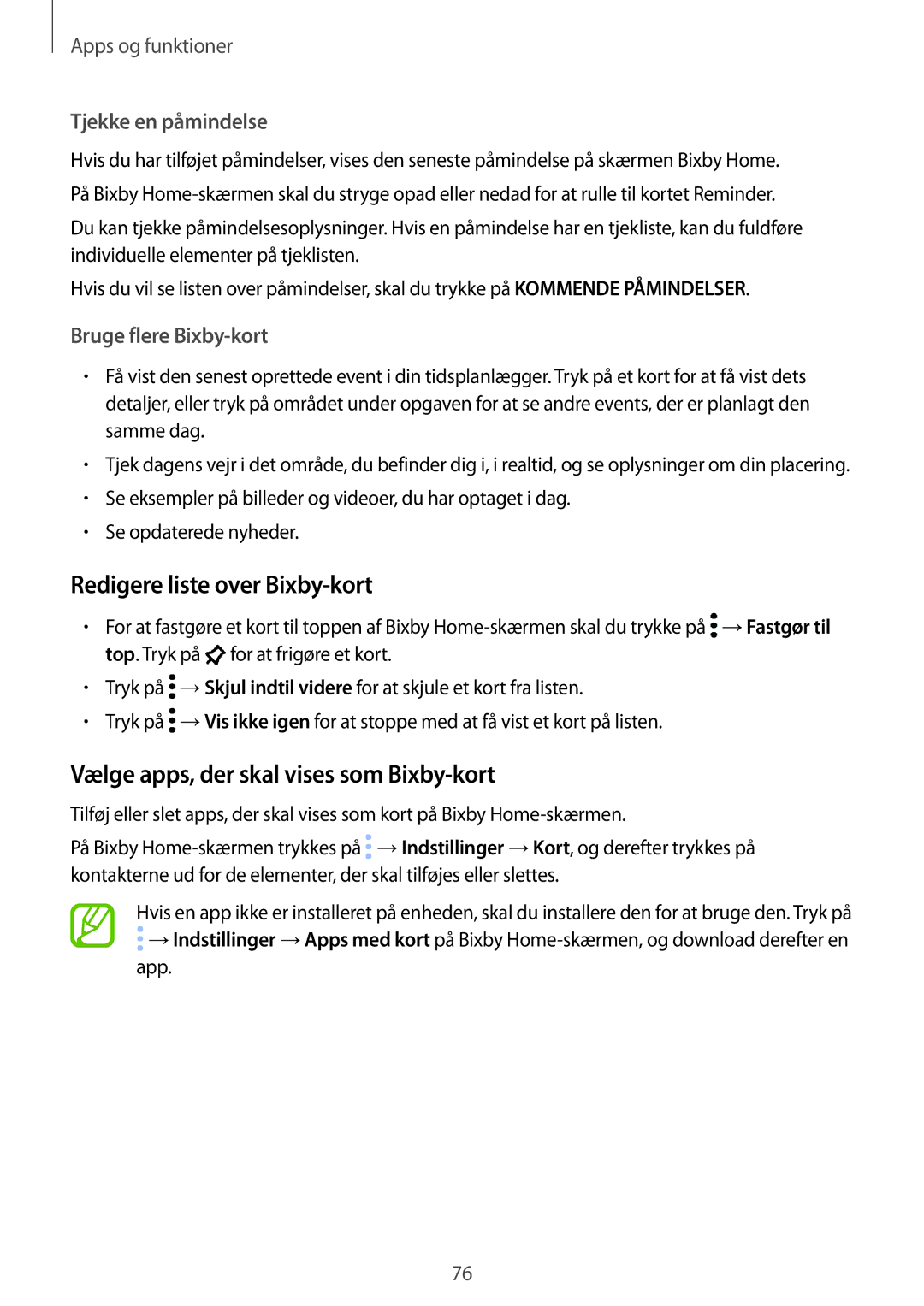 Samsung SM-G955FZVANEE Redigere liste over Bixby-kort, Vælge apps, der skal vises som Bixby-kort, Tjekke en påmindelse 