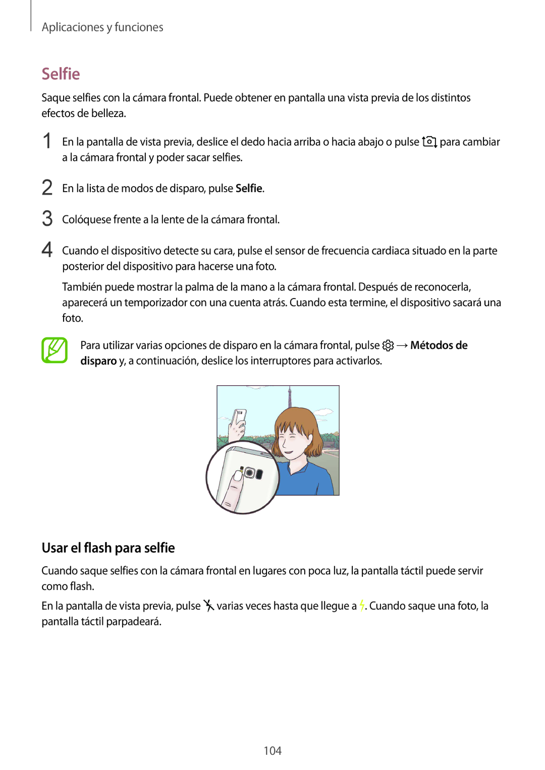 Samsung SM-G955FZKAPHE, SM-G955FZIAPHE, SM-G955FZKDPHE, SM-G950FZVAPHE, SM-G955FZVDPHE manual Selfie, Usar el flash para selfie 