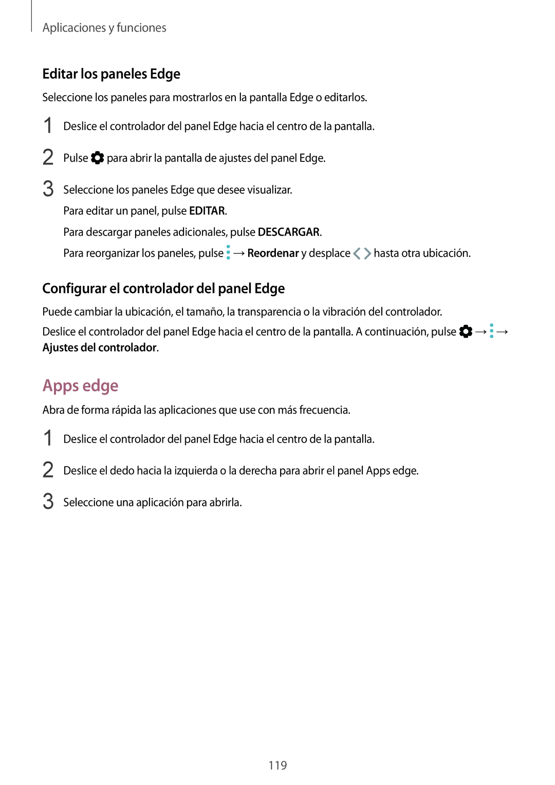 Samsung SM-G955FZBAPHE, SM-G955FZIAPHE manual Apps edge, Editar los paneles Edge, Configurar el controlador del panel Edge 