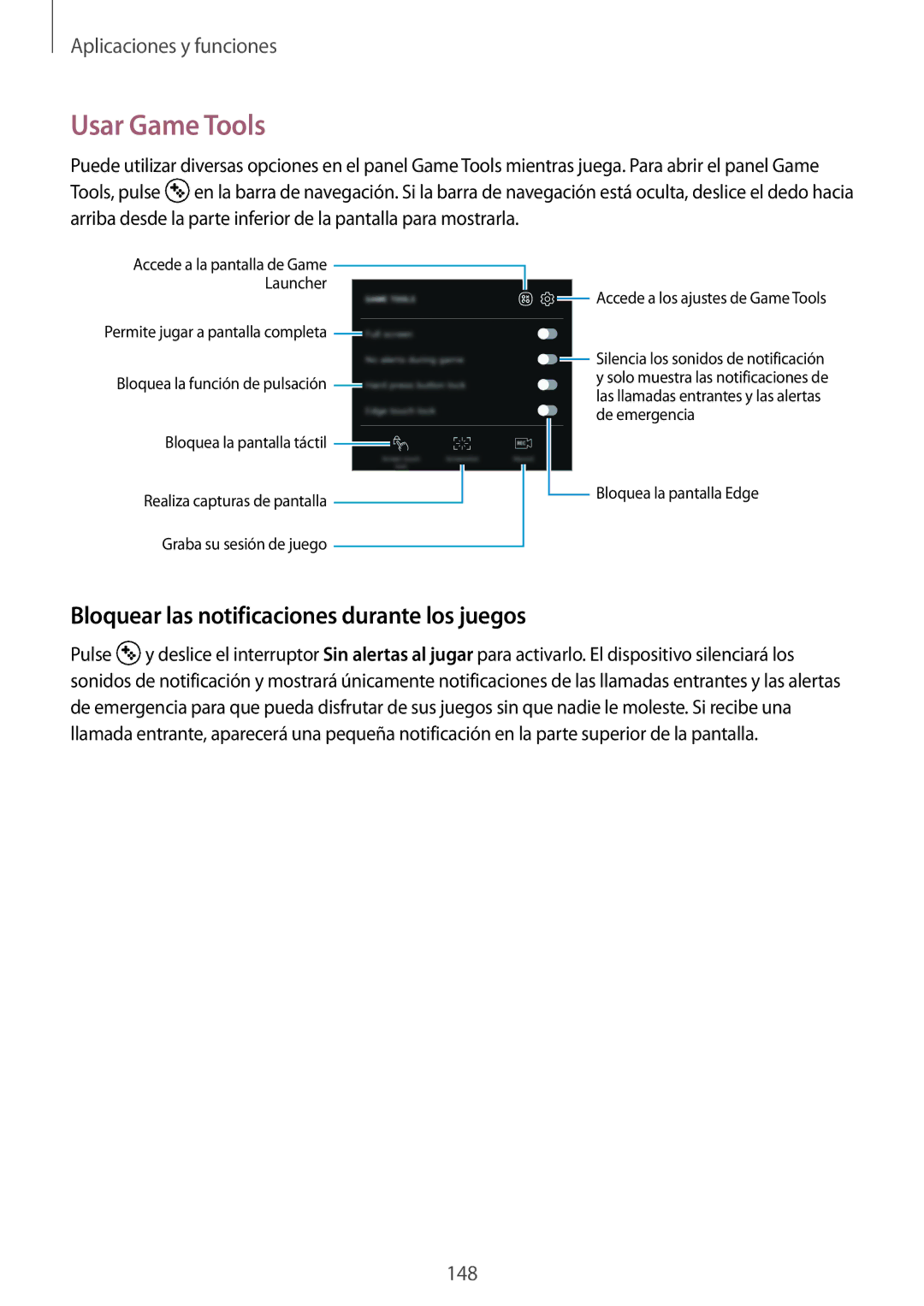 Samsung SM-G950FZIAPHE, SM-G955FZIAPHE, SM-G955FZKDPHE manual Usar Game Tools, Bloquear las notificaciones durante los juegos 