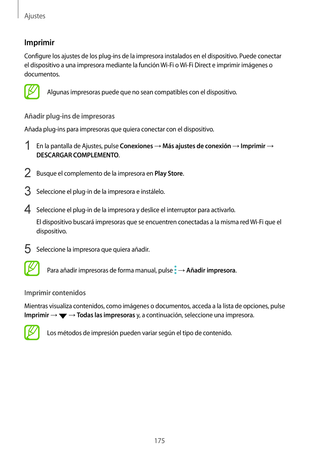 Samsung SM-G950FZBAPHE, SM-G955FZIAPHE, SM-G955FZKDPHE manual Añadir plug-ins de impresoras, Imprimir contenidos 