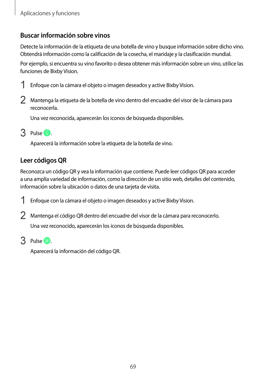 Samsung SM-G950FZSAPHE manual Buscar información sobre vinos, Leer códigos QR, Pulse Aparecerá la información del código QR 