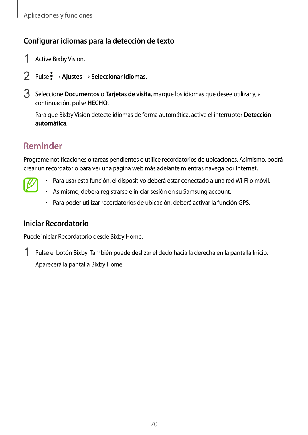 Samsung SM-G955FZVAPHE Reminder, Configurar idiomas para la detección de texto, Iniciar Recordatorio, Active Bixby Vision 