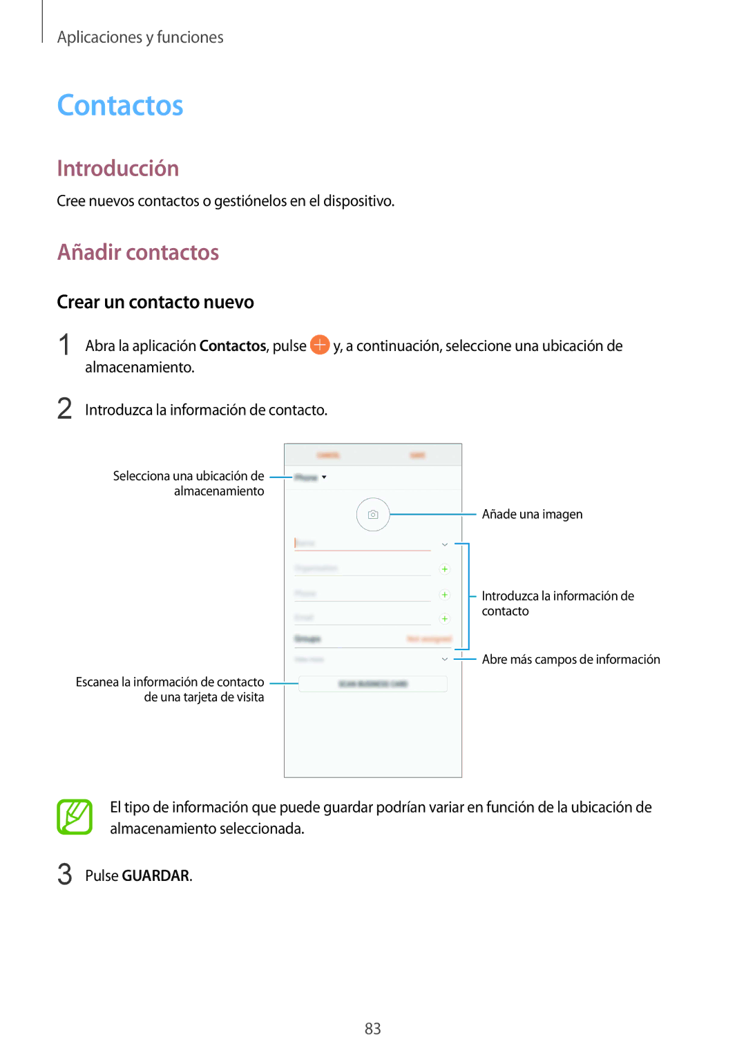 Samsung SM-G955FZBAPHE, SM-G955FZIAPHE, SM-G955FZKDPHE Contactos, Añadir contactos, Crear un contacto nuevo, Almacenamiento 