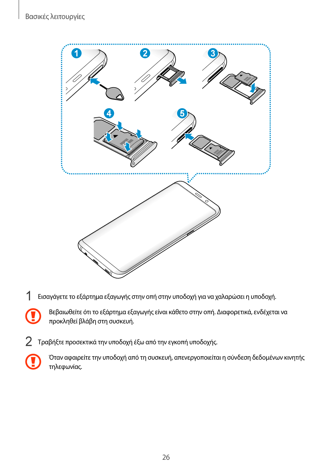 Samsung SM-G955FZVAVGR manual Προκληθεί βλάβη στη συσκευή, Τραβήξτε προσεκτικά την υποδοχή έξω από την εγκοπή υποδοχής 