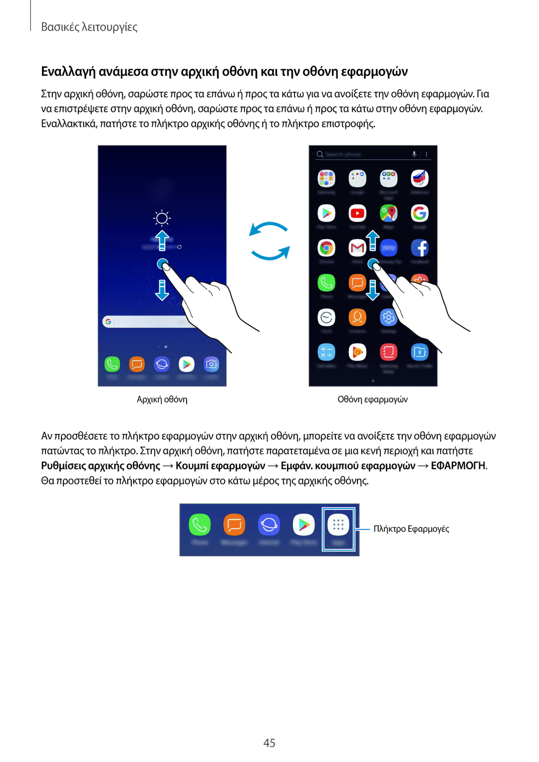 Samsung SM-G955FZVACOS, SM-G955FZSACYV, SM-G950FZKACOS manual Εναλλαγή ανάμεσα στην αρχική οθόνη και την οθόνη εφαρμογών 