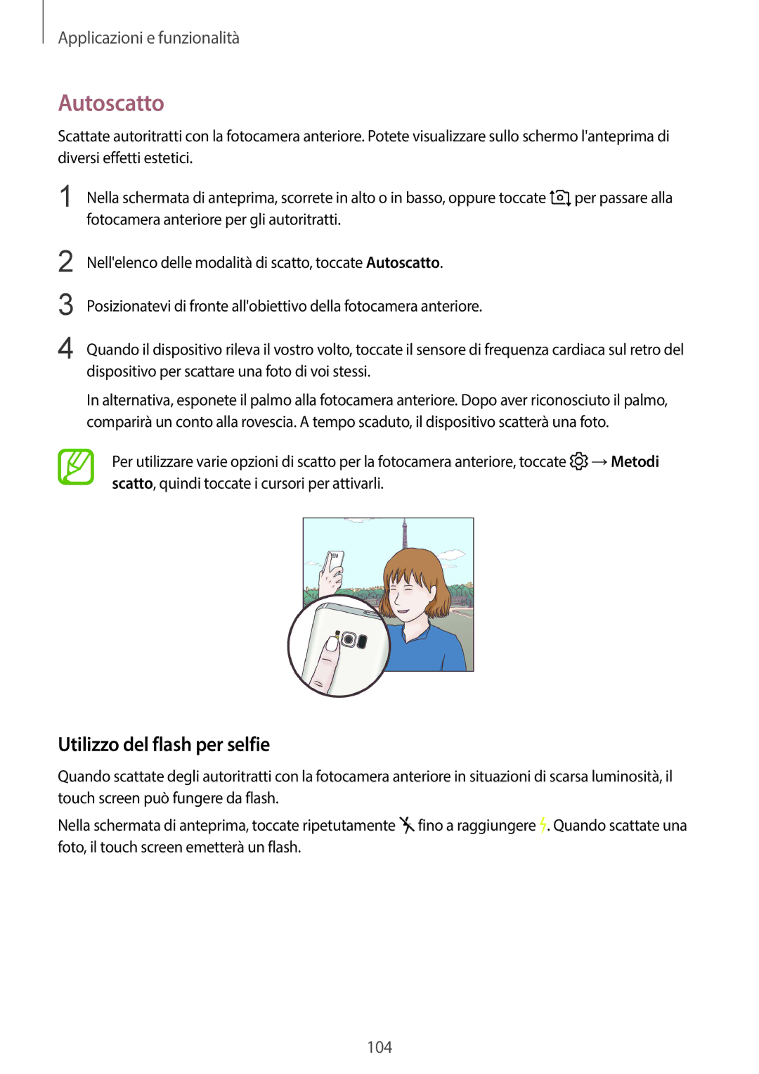 Samsung SM-G950FZSAITV, SM-G955FZSAITV, SM-G955FZVAITV, SM-G950FZKAITV manual Autoscatto, Utilizzo del flash per selfie 