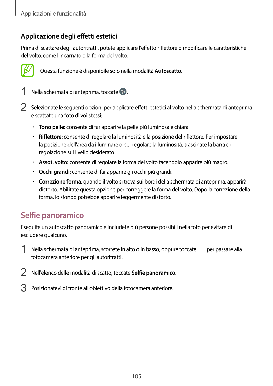 Samsung SM-G950FZKAITV, SM-G955FZSAITV, SM-G955FZVAITV manual Selfie panoramico, Applicazione degli effetti estetici 