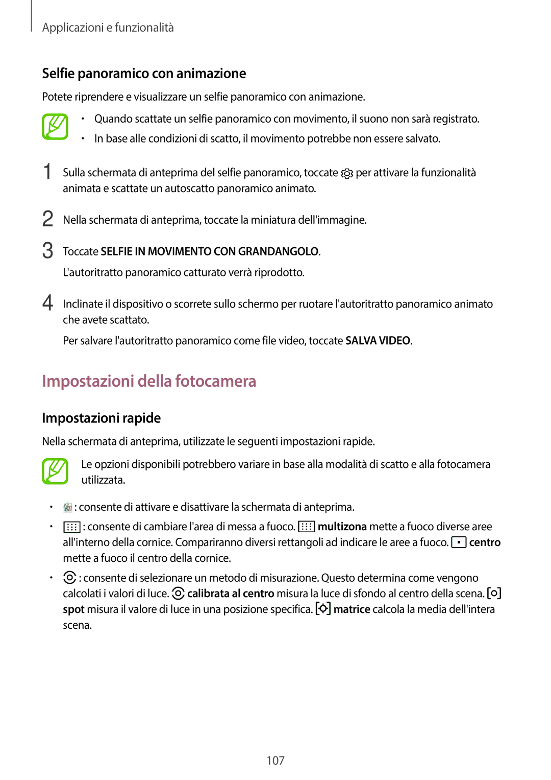 Samsung SM-G950FZVAITV manual Impostazioni della fotocamera, Selfie panoramico con animazione, Impostazioni rapide 