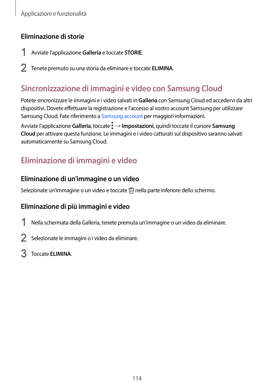 Samsung SM-G955FZSAITV manual Sincronizzazione di immagini e video con Samsung Cloud, Eliminazione di immagini e video 