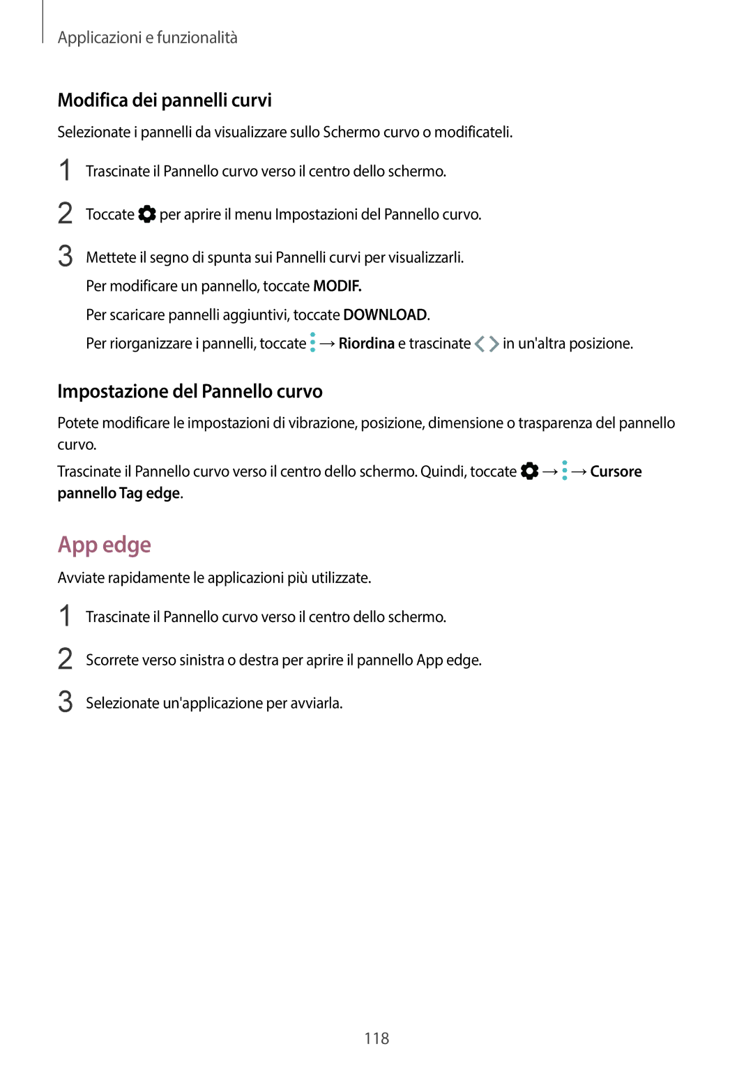 Samsung SM-G955FZKAITV, SM-G955FZSAITV manual App edge, Modifica dei pannelli curvi, Impostazione del Pannello curvo 