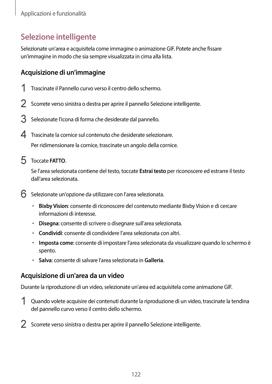 Samsung SM-G950FZSAITV manual Selezione intelligente, Acquisizione di unimmagine, Acquisizione di unarea da un video 