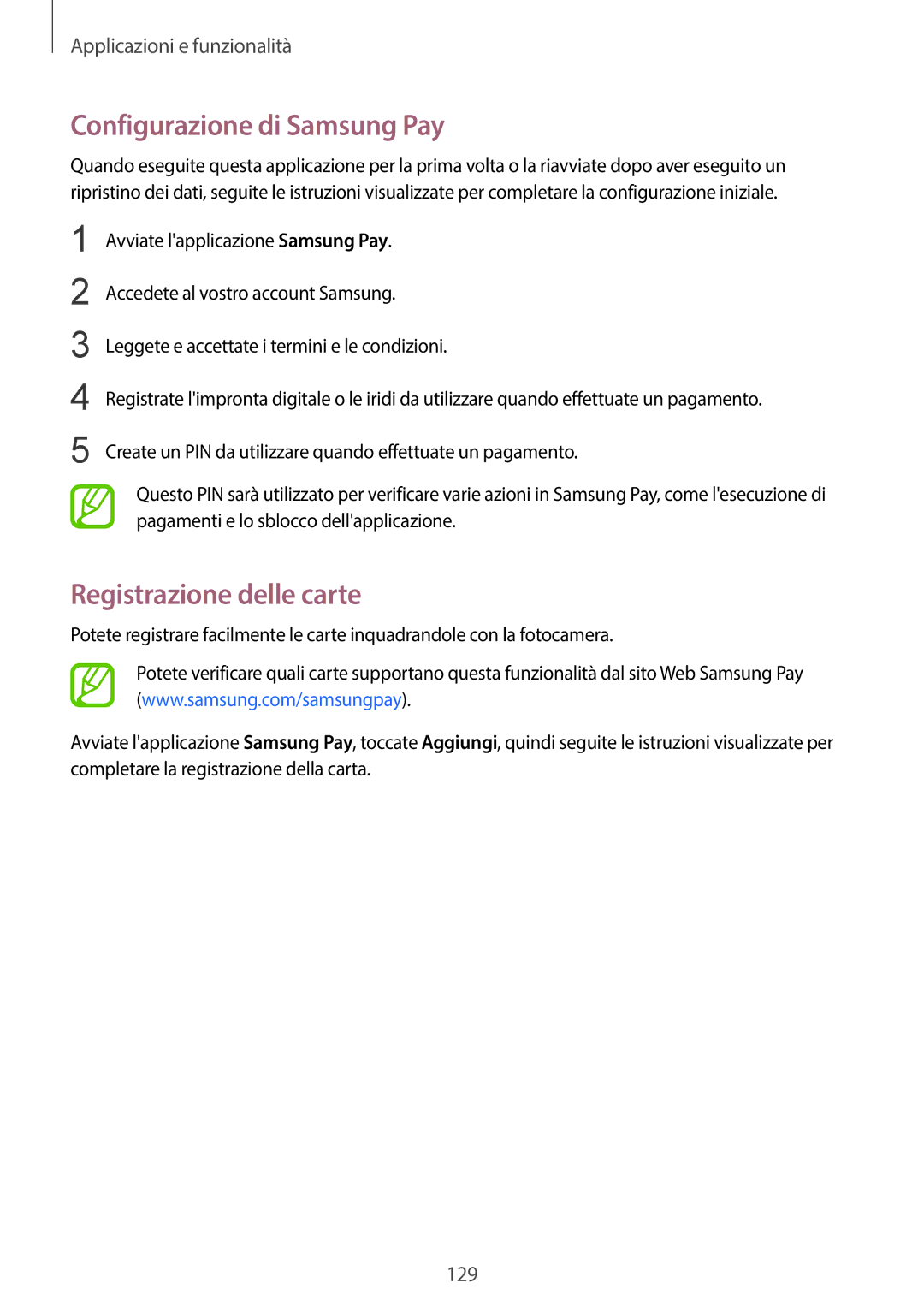 Samsung SM-G950FZKAITV, SM-G955FZSAITV, SM-G955FZVAITV manual Configurazione di Samsung Pay, Registrazione delle carte 