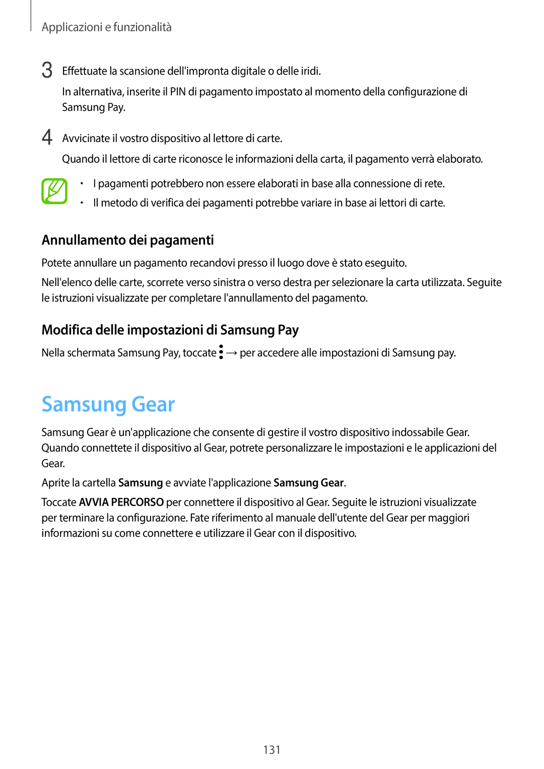 Samsung SM-G950FZVAITV manual Samsung Gear, Annullamento dei pagamenti, Modifica delle impostazioni di Samsung Pay 