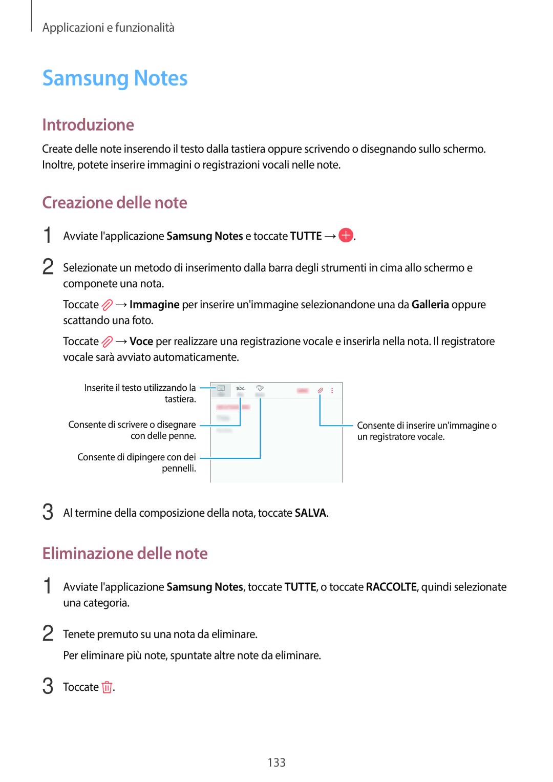 Samsung SM-G955FZVAITV, SM-G955FZSAITV, SM-G950FZSAITV manual Samsung Notes, Creazione delle note, Eliminazione delle note 