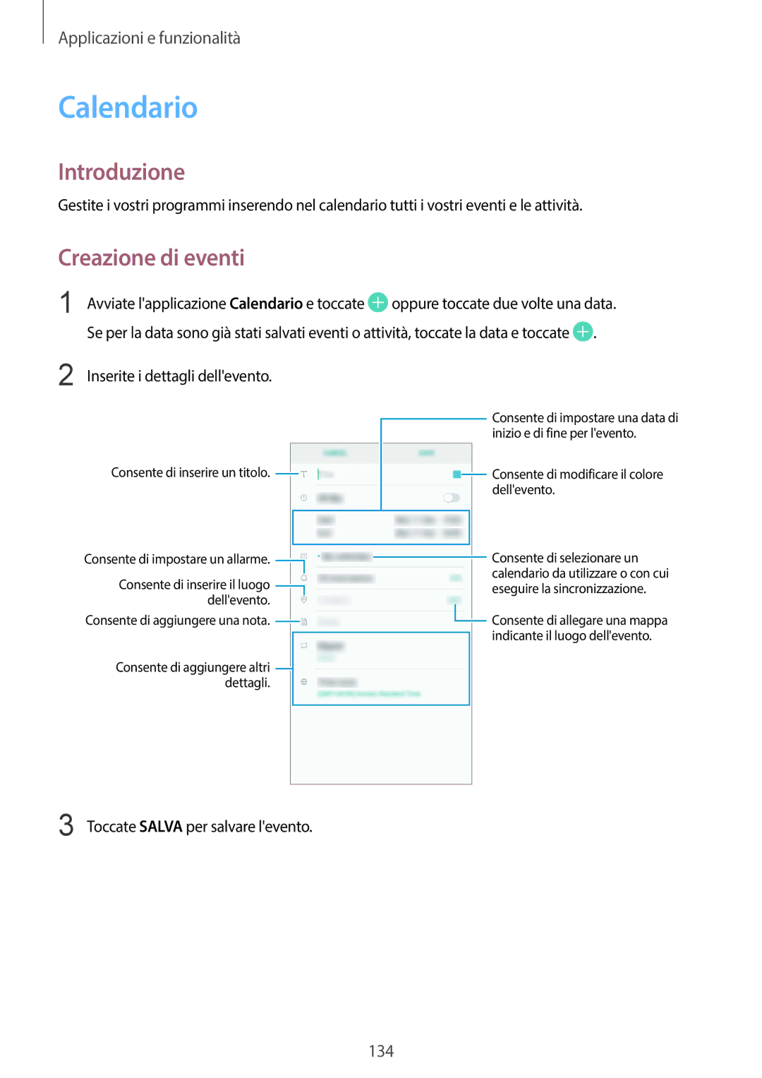 Samsung SM-G950FZSAITV, SM-G955FZSAITV, SM-G955FZVAITV, SM-G950FZKAITV, SM-G955FZKAITV manual Calendario, Creazione di eventi 