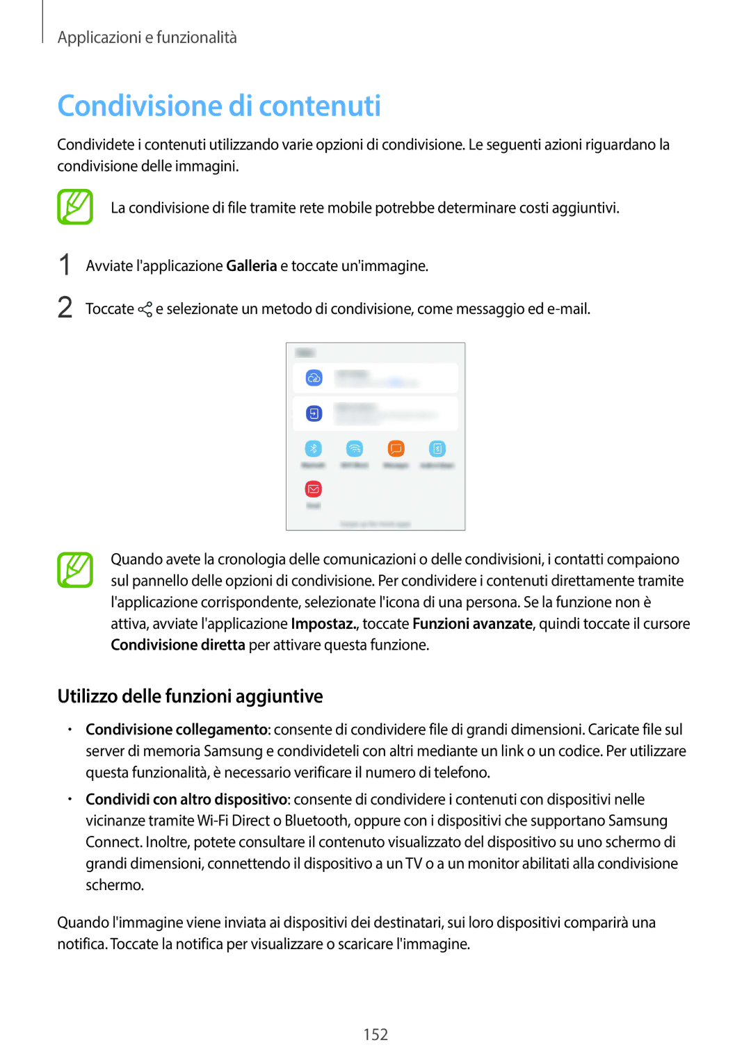 Samsung SM-G950FZSAITV, SM-G955FZSAITV, SM-G955FZVAITV manual Condivisione di contenuti, Utilizzo delle funzioni aggiuntive 