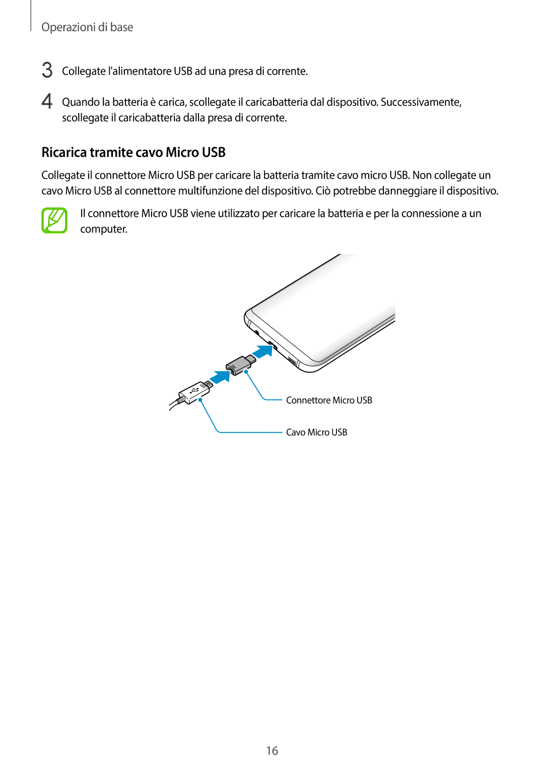 Samsung SM-G955FZKAITV, SM-G955FZSAITV, SM-G955FZVAITV, SM-G950FZSAITV, SM-G950FZKAITV manual Ricarica tramite cavo Micro USB 