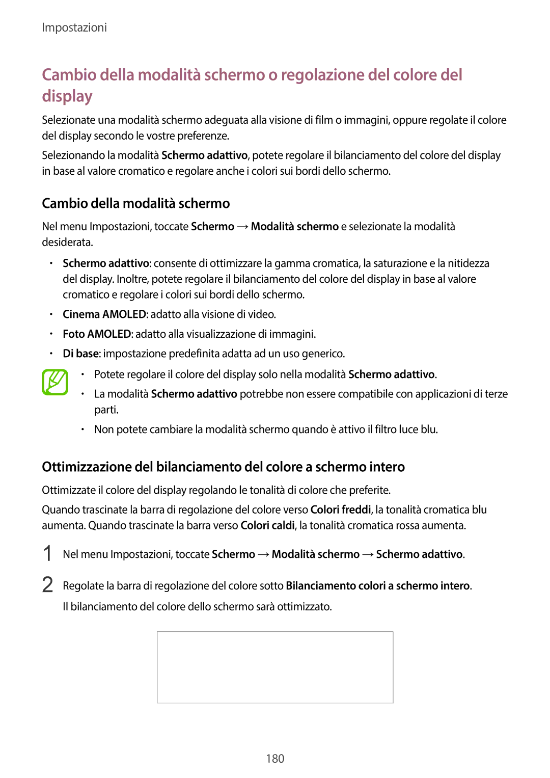 Samsung SM-G955FZSAITV manual Cambio della modalità schermo, Ottimizzazione del bilanciamento del colore a schermo intero 